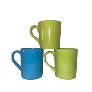 Set Of 3 Royal Norfolk Coffee Mugs Green & Blue Ceramic Ribbed Design 3.5" Tall